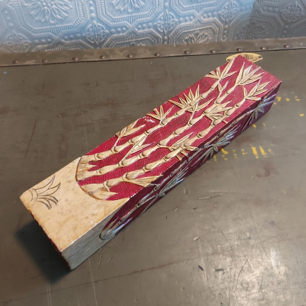 Vintage Hand Carved Soap Stone Bamboo Relief Incense Brush Trinket Box Red 10.5"